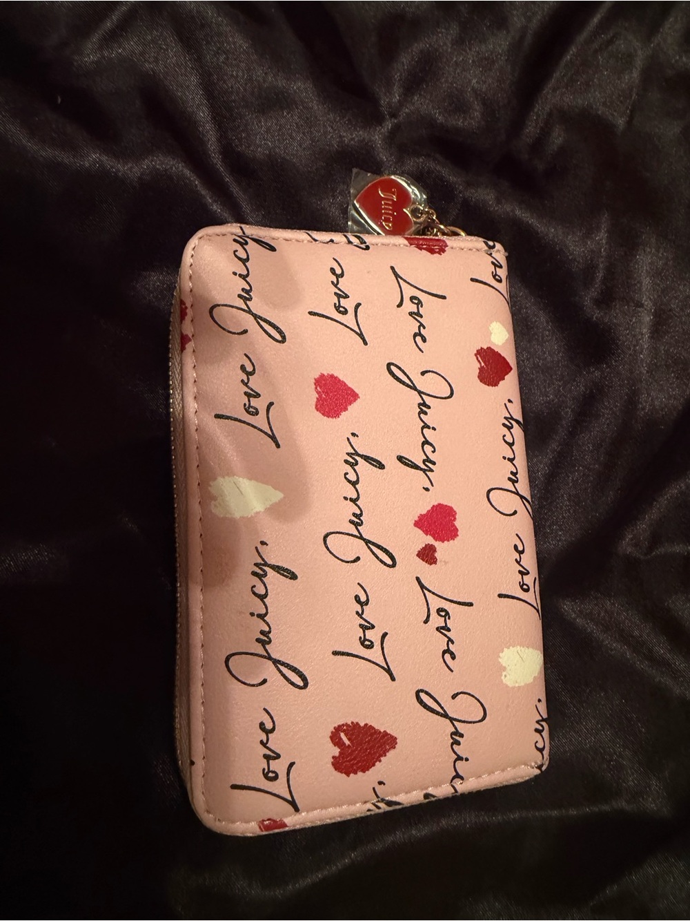 Juicy Couture Pink Script Heart Zip-Around Wallet with Gold Heart Charm
